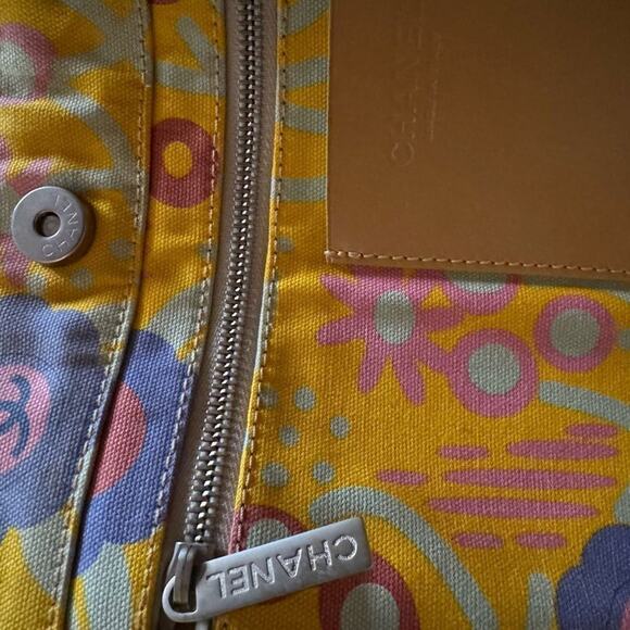CHANEL CC Logos Flower Shoulder Tote Bag Canvas Leather Yellow 2 callouts GUC - Picture 8 of 11